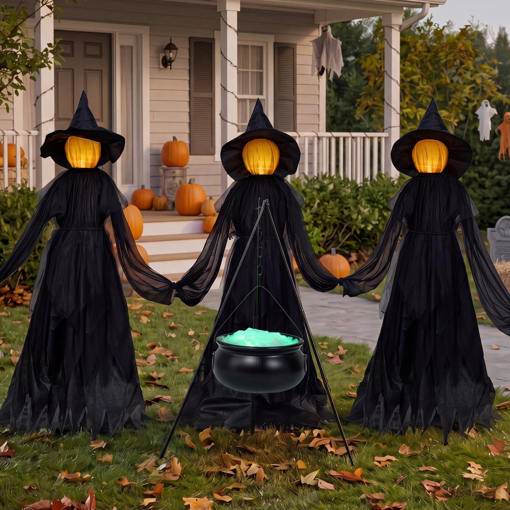 Joyfy 3 Pack Witches Halloween Decorations Outdoor, 51" Sound Activated Light Up Flying Witch Stakes with Color Changing Face & Creepy Sound, Life Size Halloween Props for Lawn Grave Party