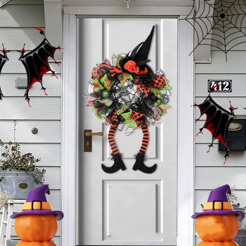 ZOELNIC Halloween Wreath,,29.5 Inch Witch Halloween Wreath with Hat Witches Legs Pumpkin, Halloween Decorations for Front Door,Porch,Window,Indoor and Outdoor Decor