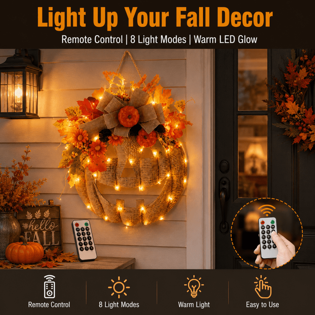 Lighted Burlap Pumpkin Wreath with Remote Control 🎃✨ Cozy Fall Door Decor with 8 Light Modes & Warm LED Glow Halloween Decor
