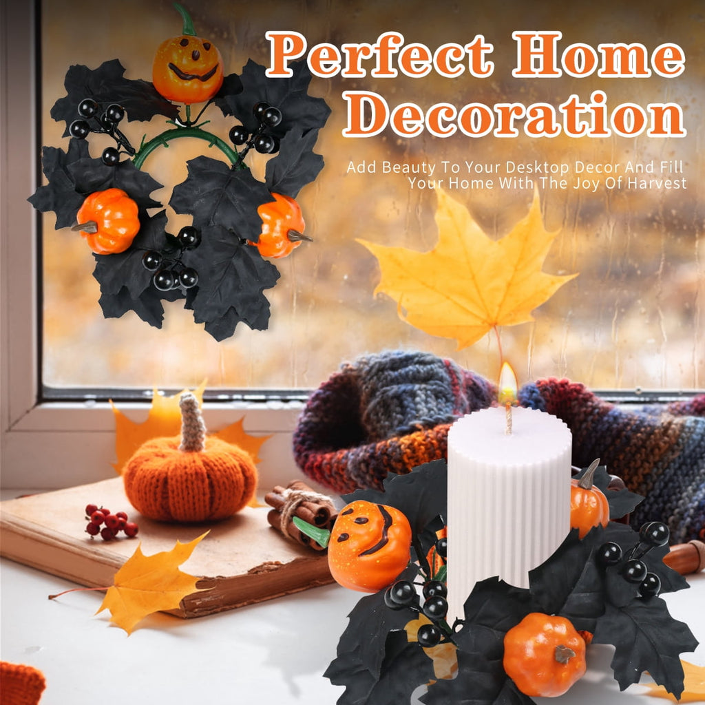 Halloween Candle Ring Wreath Halloween Table Centerpiece Black Orange Spooky Table Top Decoration Small Taper/Pillar Candle Rings Center for Party Favors 4 Pcs Design1