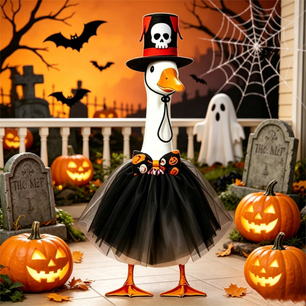 Halloween Ghost Porch Goose Outfit Fits 23 Inch Cement Lawn Goose Statue Pumpkin Face Ghost Costume with Matching Witch Hat for Fall Outdoor Garden Yard Patio Holiday Decor