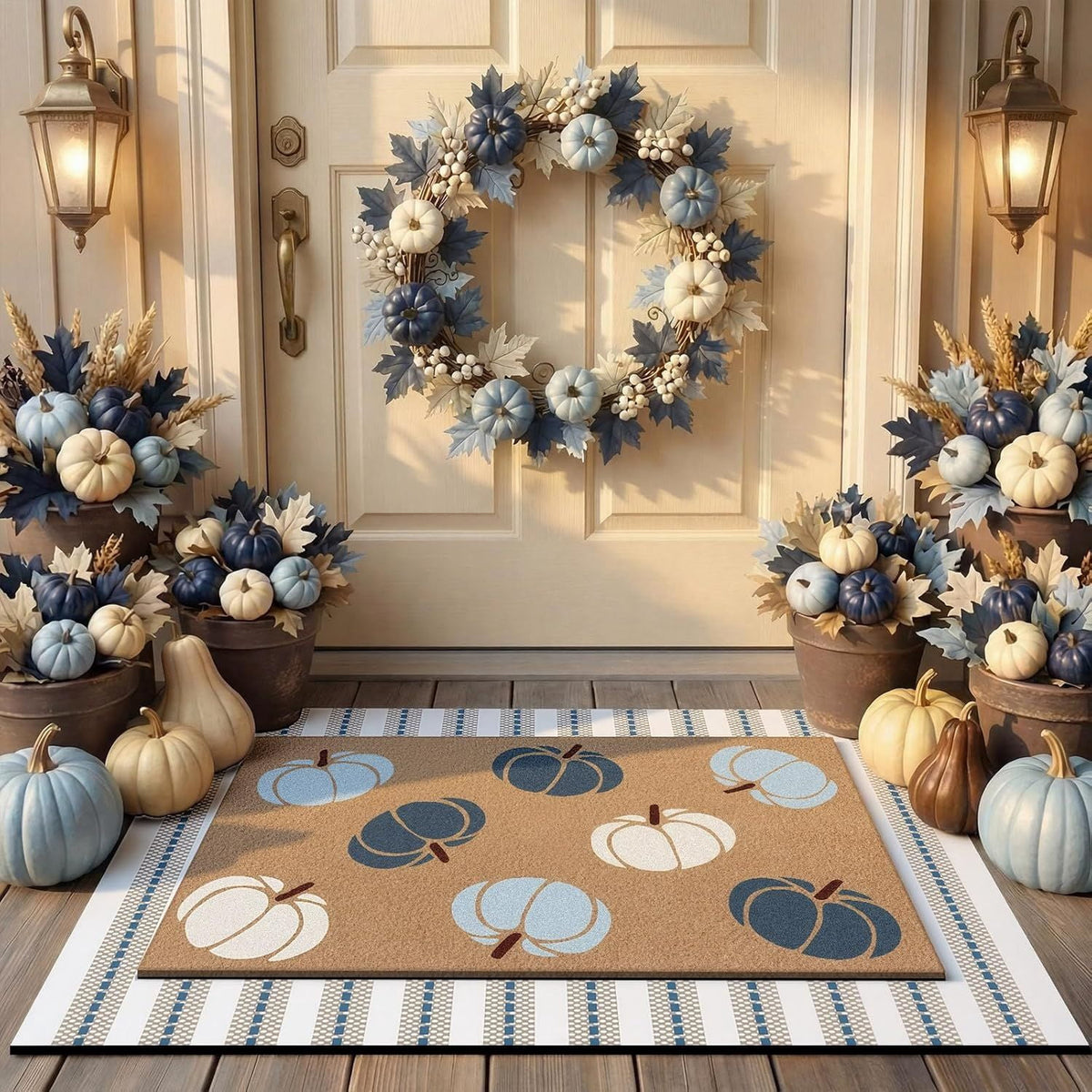 Fall Door Mat, Layered Pumpkin‑Pattern Porch Rug, Non‑Slip Neutral Autumn Welcome Mat, Indoor Outdoor Halloween Thanksgiving Decor