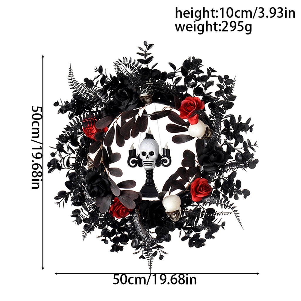 ASKETAM Halloween Wreath 19" , Skull & Red Rose, Adjustable, For Doors & Walls