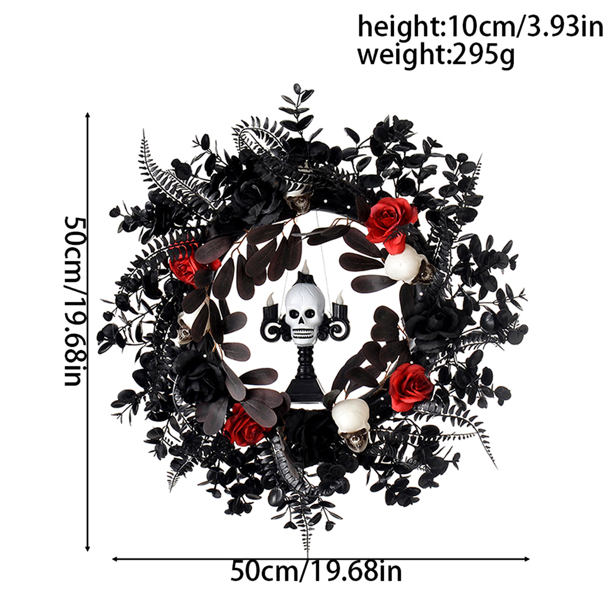 ASKETAM Halloween Wreath 19" , Skull & Red Rose, Adjustable, For Doors & Walls