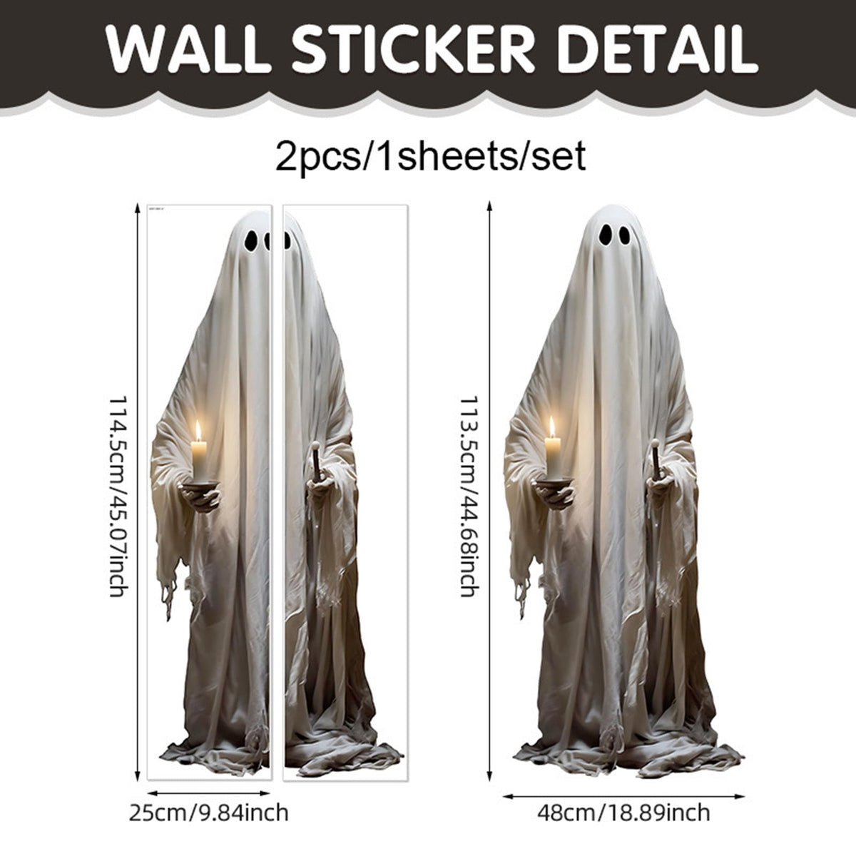 Halloween Wall Stickers, Large Ghost Holding Candle Wall Decals, Wall Clings Decor for Halloween Party Home Office Wall Glass Mirror Decorations, 18.89x44.68"