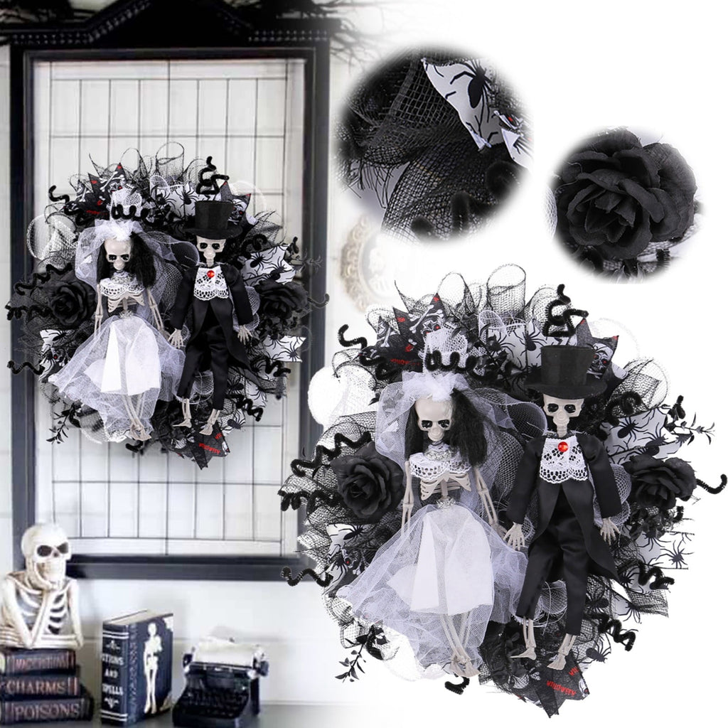 SWSUSN Halloween Creepy Wreath For Front Door 16 Inch Artificial Plastic Skeleton Bride And Groom Wreath Halloween Gothic Wreath Hanging Decoration For Home Party Halloween Front Porch Wreath