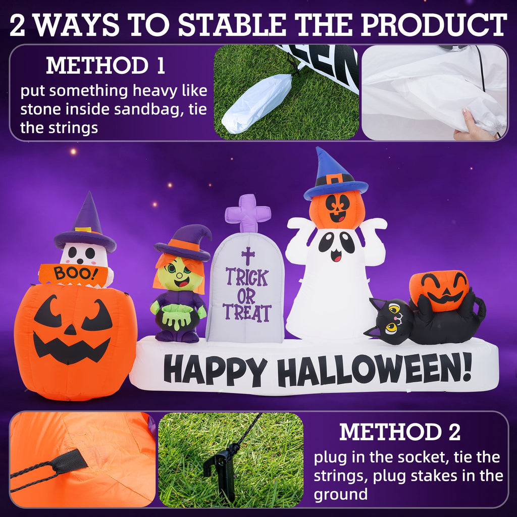 BSHAPPLUS® 9ft Halloween Inflatable Decorations,Blow up Yard Decor with Auto-Scaling Ghost in Pumpkin, Witch, Tombstone,Black Cat,Built-in LED,IP44 Waterproof for Outdoor Lawn Garden Party