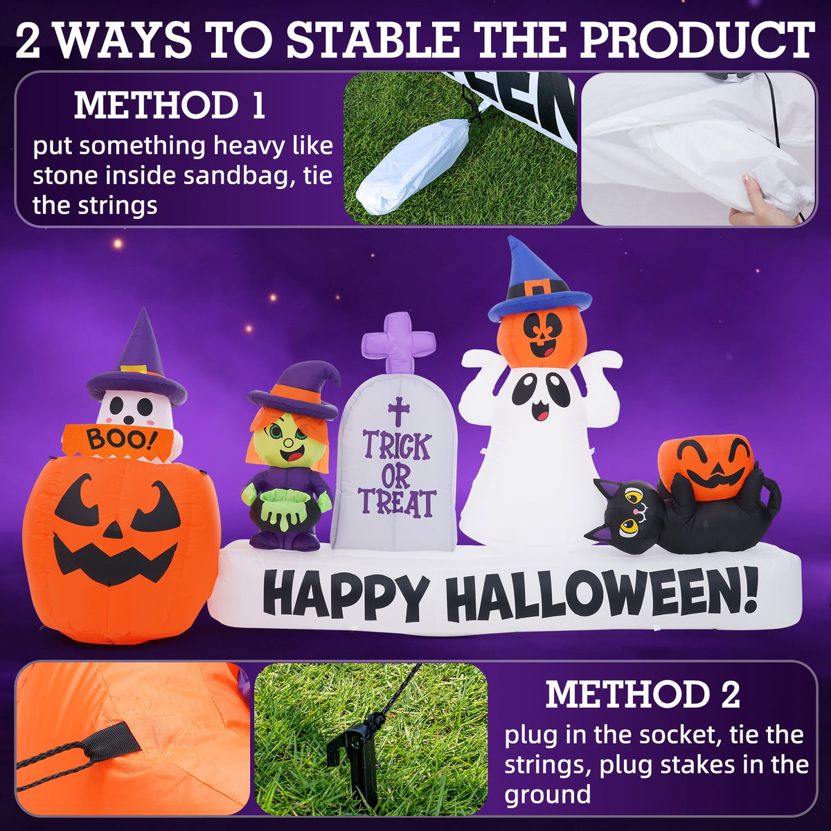 BSHAPPLUS® 9ft Halloween Inflatable Decorations,Blow up Yard Decor with Auto-Scaling Ghost in Pumpkin, Witch, Tombstone,Black Cat,Built-in LED,IP44 Waterproof for Outdoor Lawn Garden Party