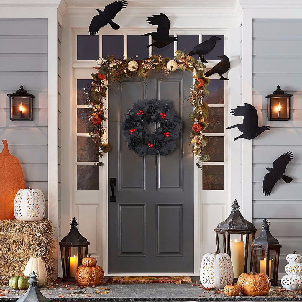 WWC Halloween Wreath, Artificial Silk Bats And Skulls Wreath, Gothic Halloween Decor for Fall Party Front Door Porch Mantel