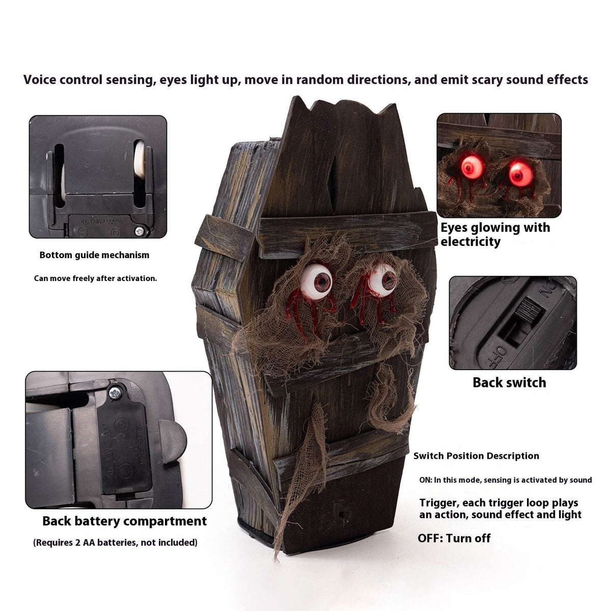 Halloween Animated Walking Coffin Prop – Sound-Activated with Glowing Eyes, Battery-Powered for Haunted House and Yard Displays