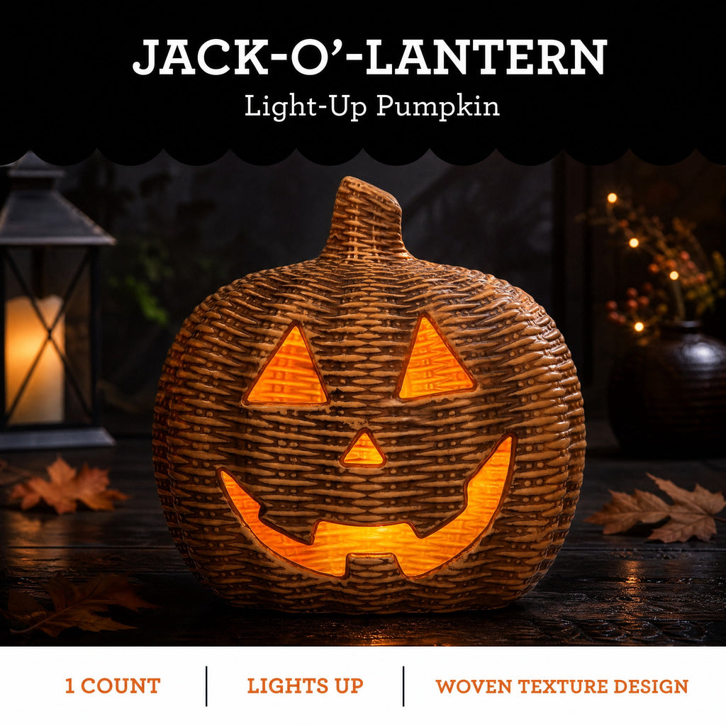 Light-Up Woven Jack-o'-Lantern Decoration, Tan, 8.6", Halloween by Way To Celebrate