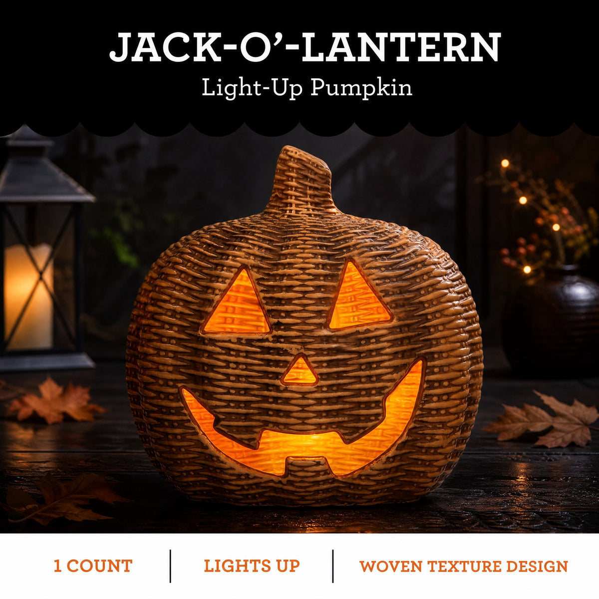 Light-Up Woven Jack-o'-Lantern Decoration, Tan, 8.6", Halloween by Way To Celebrate