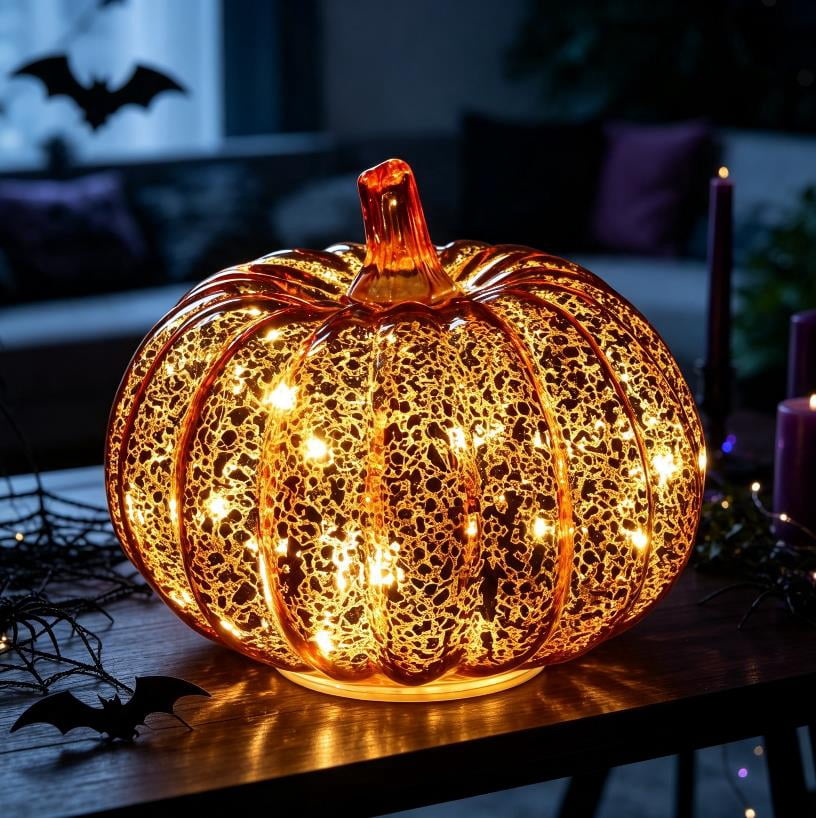 Halloween Fall Pumpkin Lamp,Sparkling Glass Pumpkin Night Lantern,6.6x5.5 inch Light Up Pumpkin Decor,A