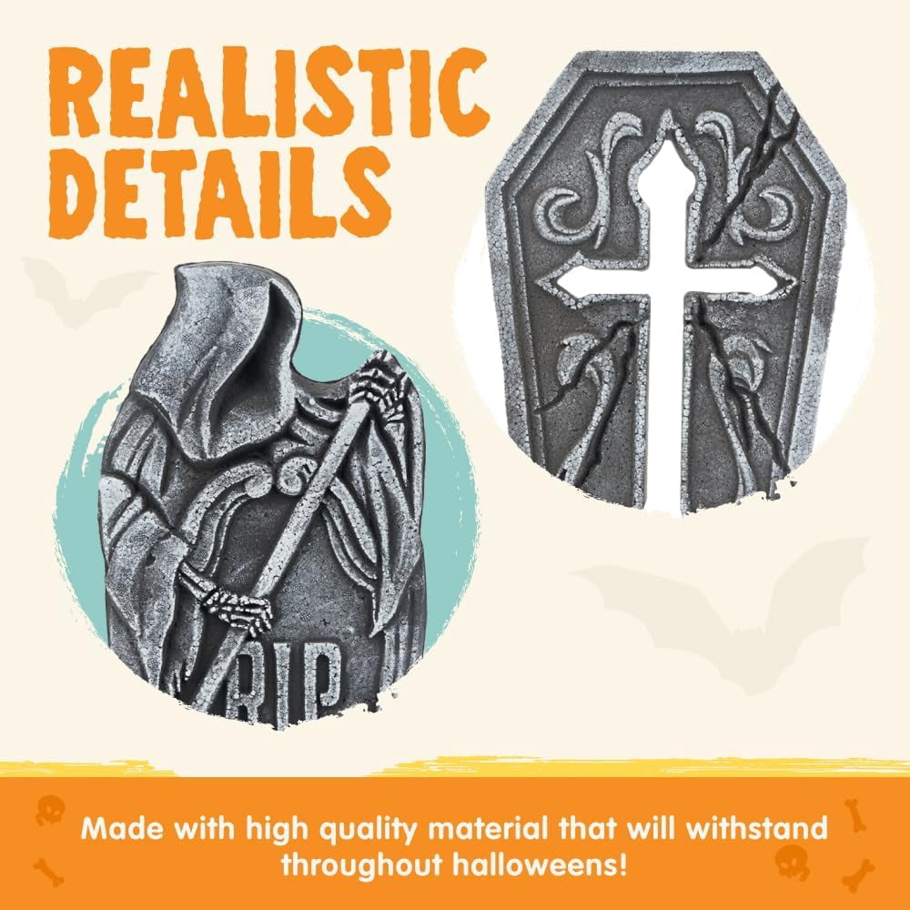 Joyfy 5 Pack Halloween Tombstone Outdoor Decorations,17 Inch Foam RIP Cemetery Headstone Decoration and 12 Halloween Yard Lawn Decoration Metal Stakes