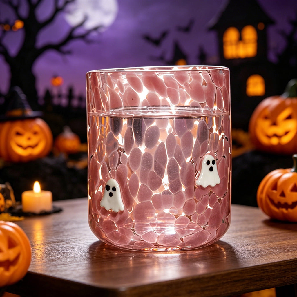 Qocolcyl Halloween Icon Glass Cups - 3.5x4.7in Ghost Bat Snake Pumpkin Icon Juice Stemless Wine Glasses Double Old Fashioned Hand Blown Drinking Cups for Halloween Party Gift