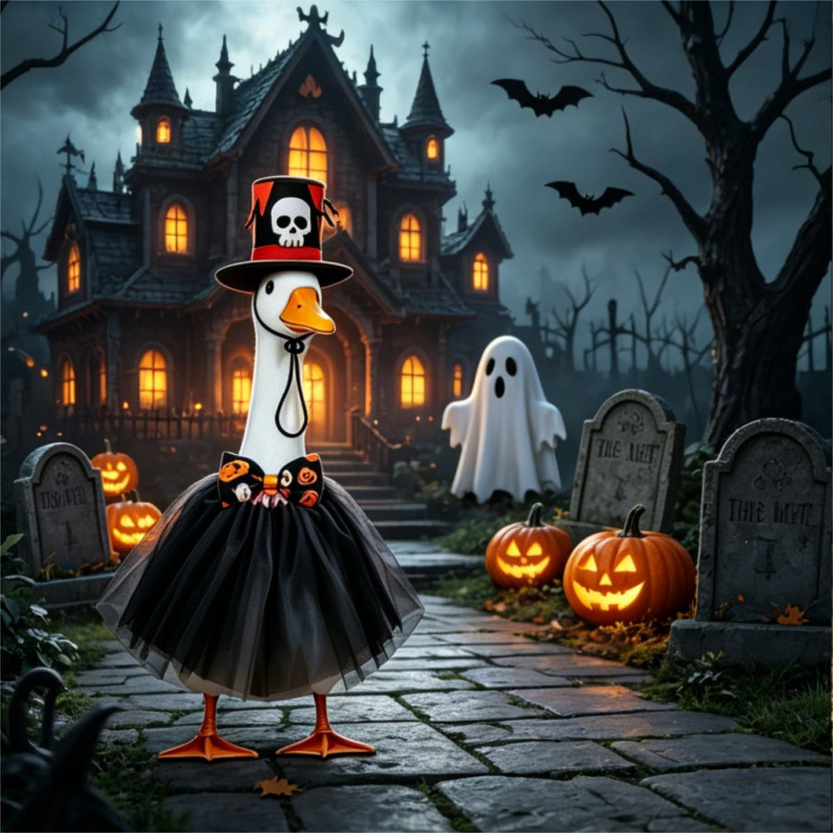Halloween Ghost Porch Goose Outfit Fits 23 Inch Cement Lawn Goose Statue Pumpkin Face Ghost Costume with Matching Witch Hat for Fall Outdoor Garden Yard Patio Holiday Decor