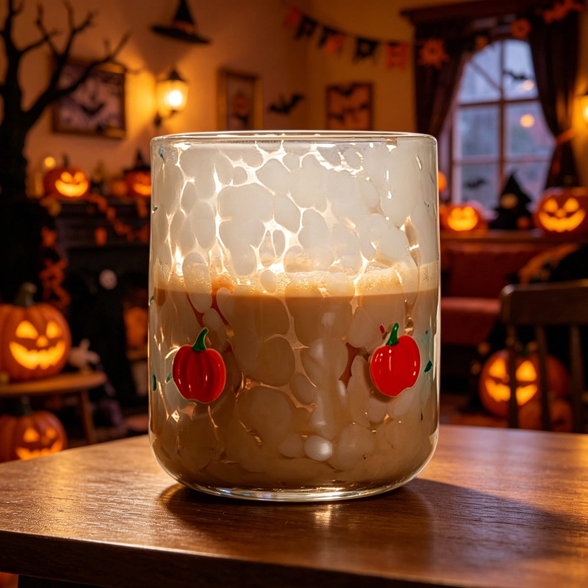 Qocolcyl Halloween Icon Glass Cups - 3.5x4.7in Ghost Bat Snake Pumpkin Icon Juice Stemless Wine Glasses Double Old Fashioned Hand Blown Drinking Cups for Halloween Party Gift