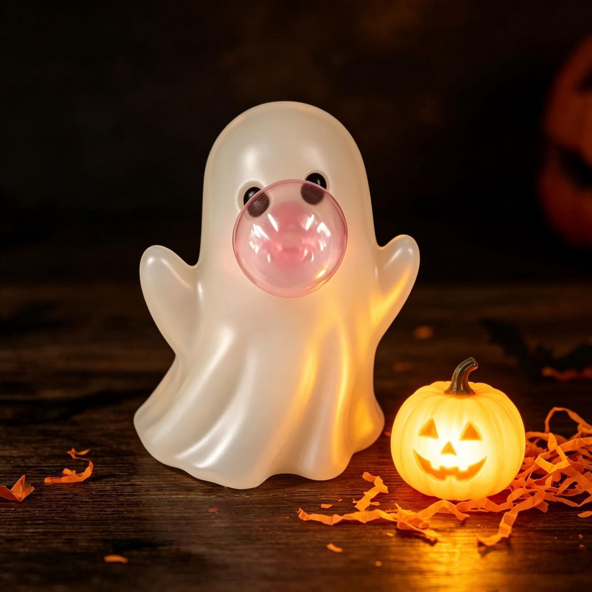 Halloween Ghost Figurine, Ghost Girl with Pink Bow & Hot Drink, Funny Ghost Statue Halloween Decor for Gift, Cute Spooky Tabletop Ornament for Home, Mantle, Desk & Party Decoration