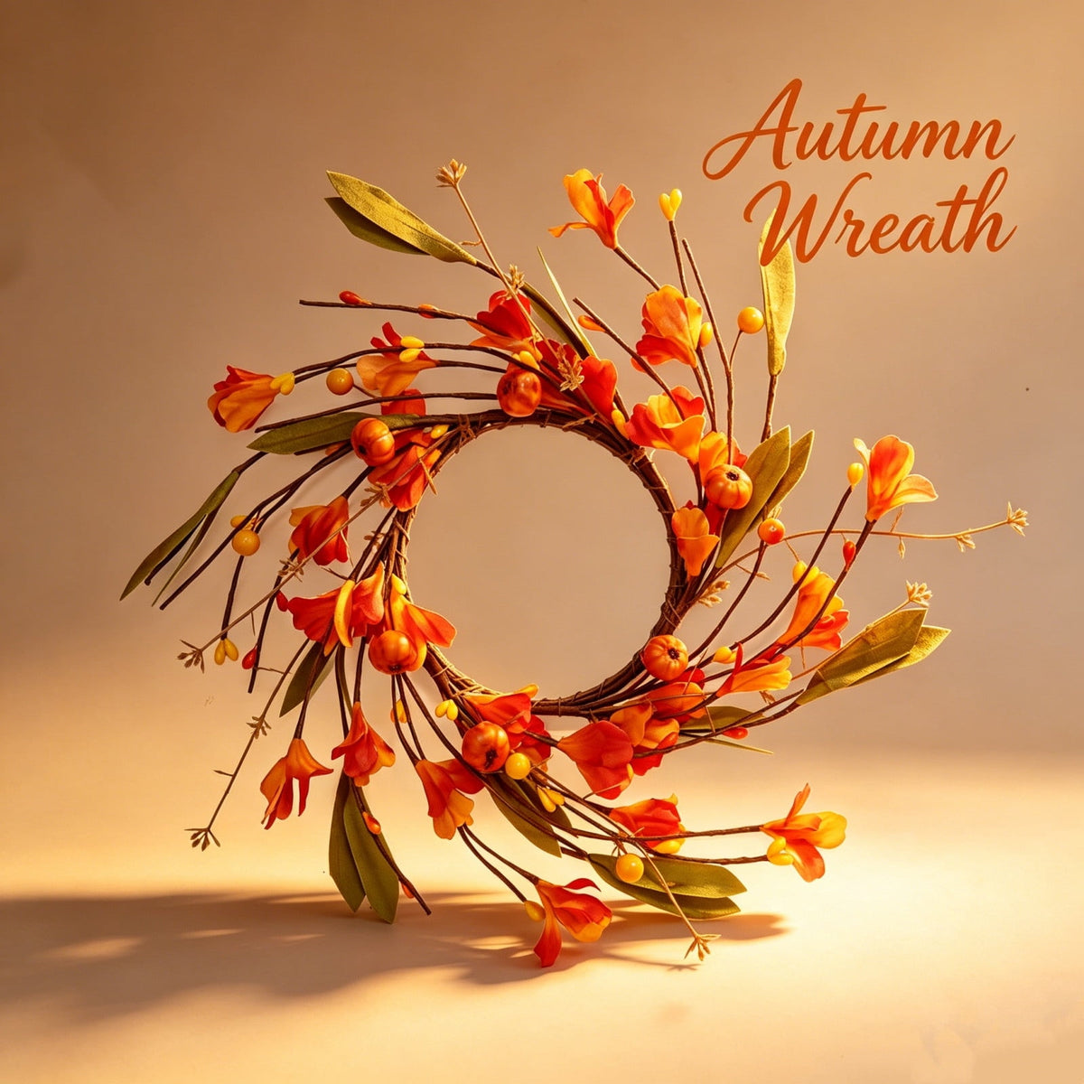 Qocolcyl 12in Faux Pumpkin Floral Fall Wreath, Fake Autumn Flower Berry Candle Ring, Small Twig Wreath for Front Door Mantel Dining Table Indoor Outdoor Thanksgiving Halloween Farmhouse Decor