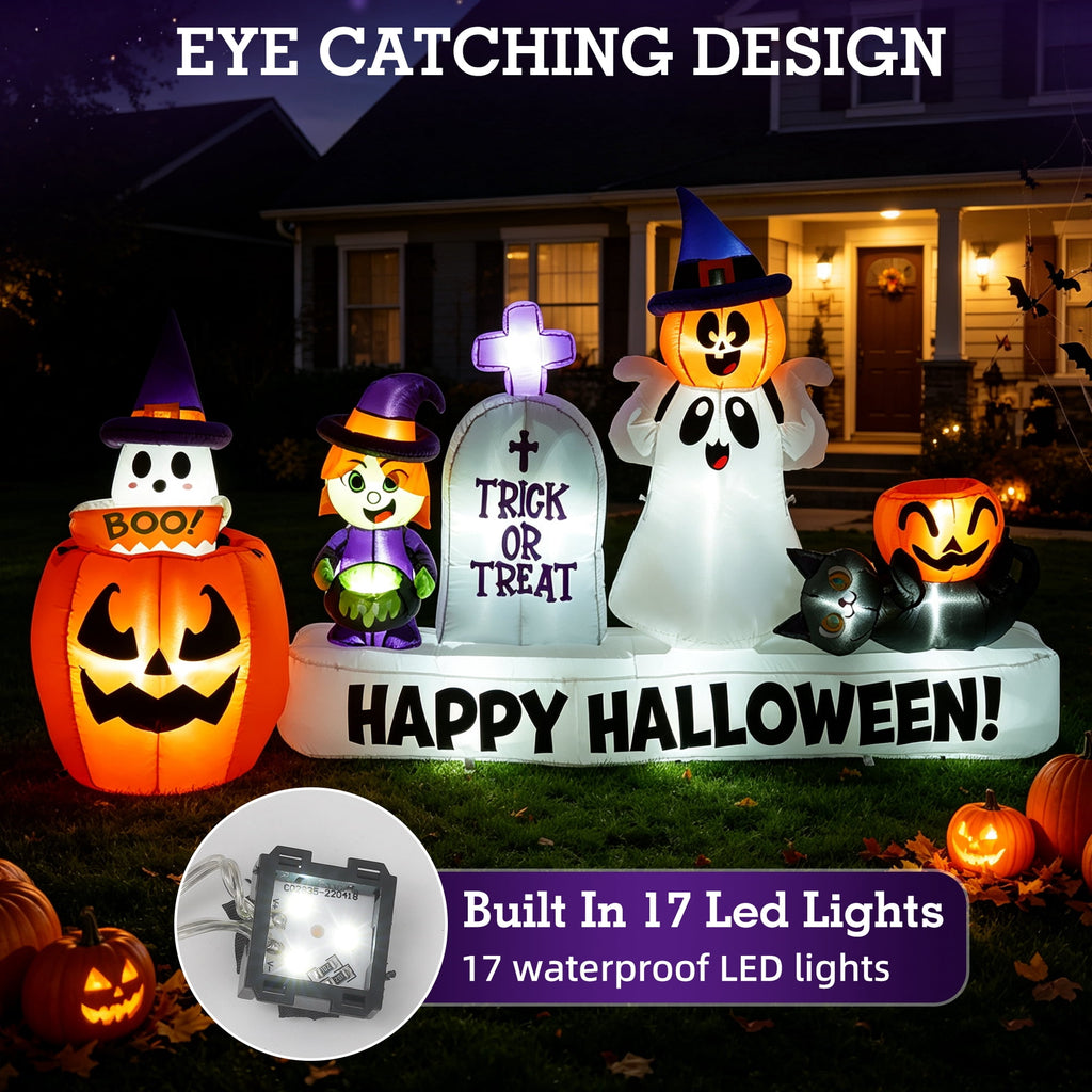 BSHAPPLUS® 9ft Halloween Inflatable Decorations,Blow up Yard Decor with Auto-Scaling Ghost in Pumpkin, Witch, Tombstone,Black Cat,Built-in LED,IP44 Waterproof for Outdoor Lawn Garden Party
