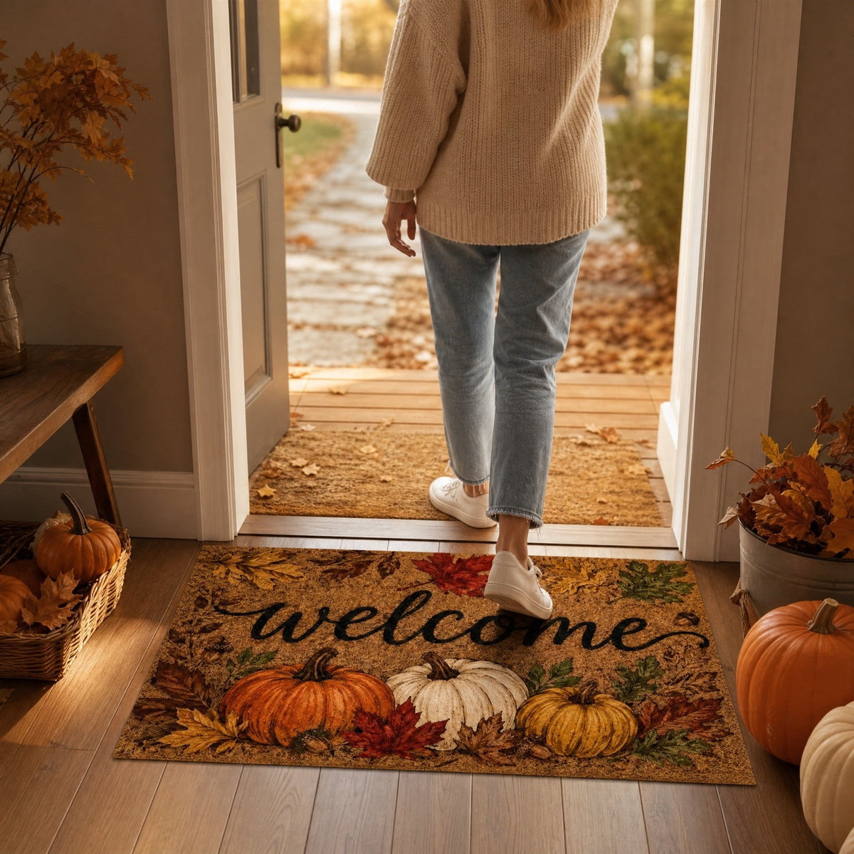 Fall Welcome Coir Door Mat, Fall Harvest Pumpkin Front Door Outdoor Doormat Entrance Porch Non Slip Rubber Rug for Halloween Decor Brown