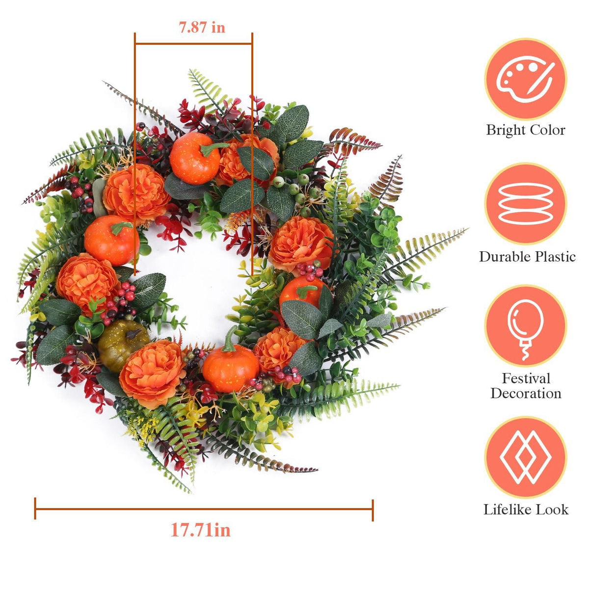 17.71 Inch Autumn Wreath with Pumpkin Leaves and Berries for Halloween Thanksgiving