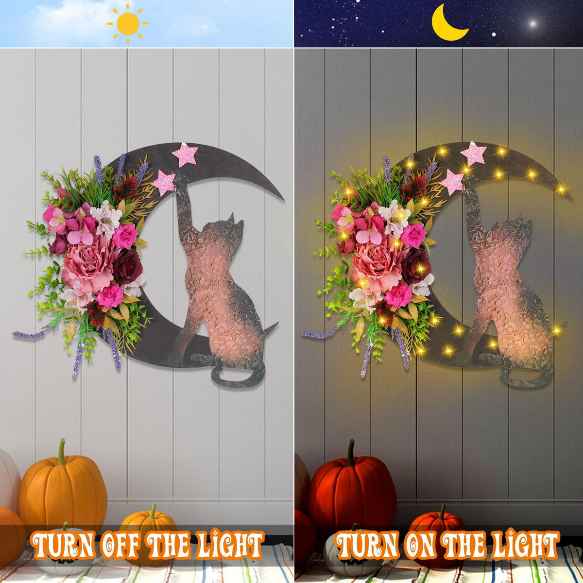 STYZIGZZ 14" Halloween Wreath for Front Door,Moon Cat Halloween Wreaths with Rose,Hanging Floor Door Decoration for Home Party Indoor Outdoor
