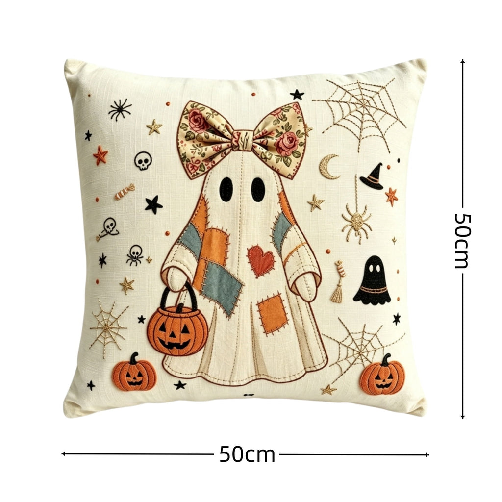 Cute Reading Ghost Plush Throw Pillow, Halloween Book & Pumpkin Bucket Ghost Stuffed Cushion, Spooky Season Decorative Pillow, for Sofa, Bedroom, Party Decor