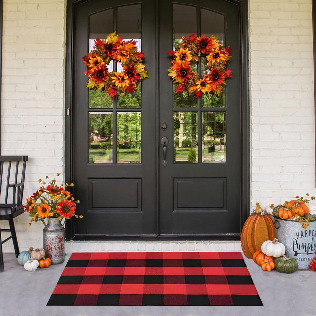 Guozer Fall Outdoor Rug Orange Plaid Outdoor Rug Cotton Hand-Woven Check Rug Layered Doormats For Front Door/Front Porch/Farmhouses/Entryway/Patio 23.6''x 35.4''