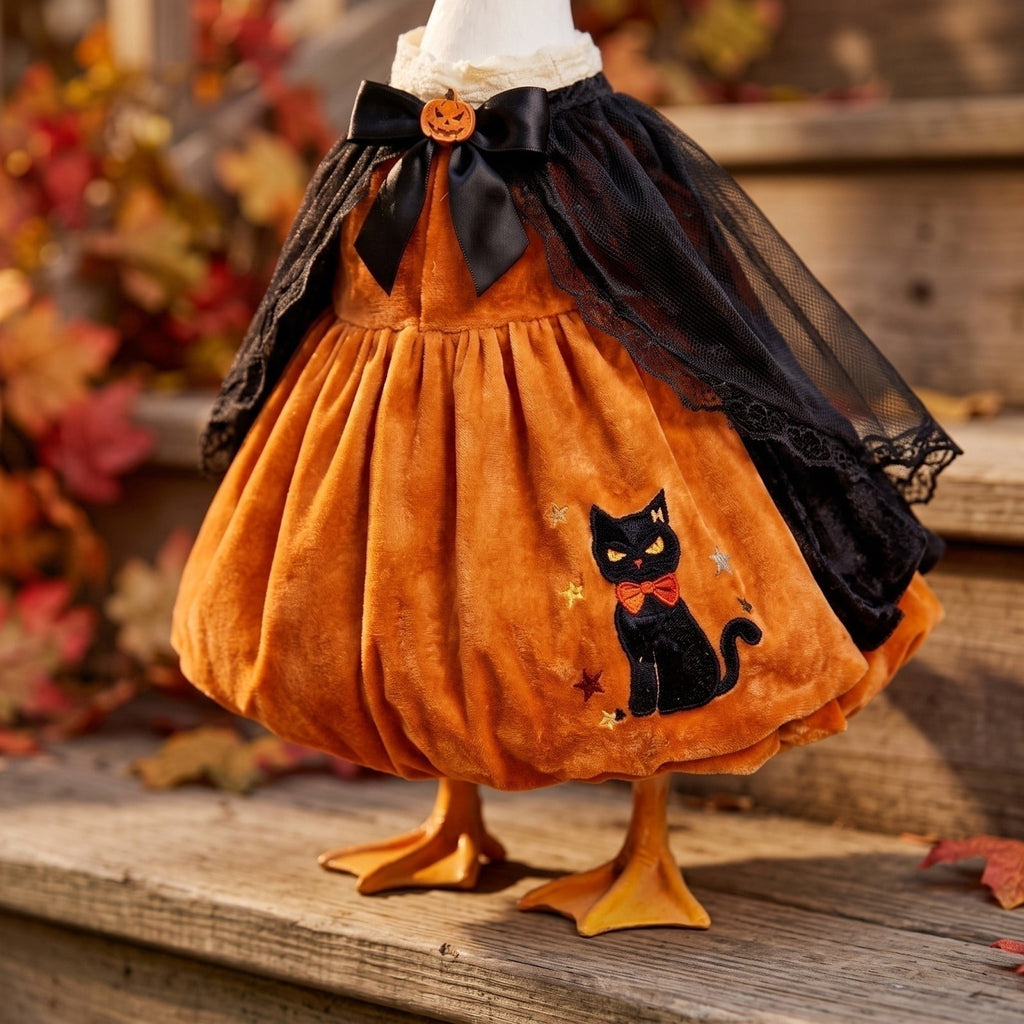 Halloween Ghost Porch Goose Outfit Fits 23 Inch Cement Lawn Goose Statue Pumpkin Face Ghost Costume with Matching Witch Hat for Fall Outdoor Garden Yard Patio Holiday Decor