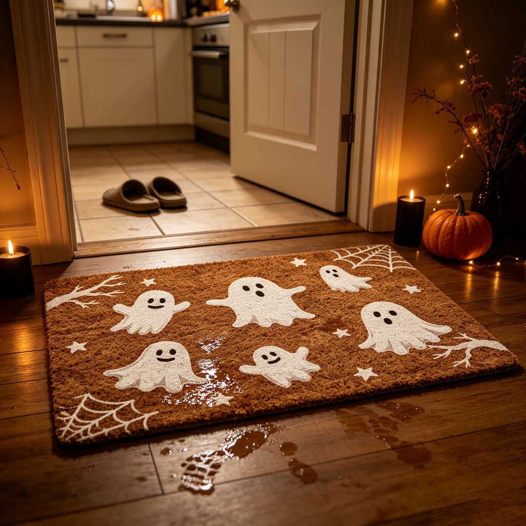 Fllostpr Halloween Pumpkin & Crow Welcome Doormat for Front Door, Non-Slip Vintage Brown Coir Floor Mat for Outdoor Porch Entryway Decor,16x24 Inch