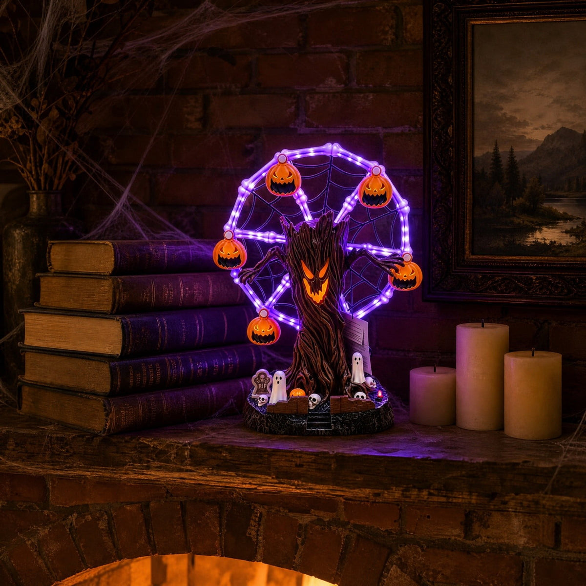 Hanging Solar Lights, Garden, Animated Halloween Ferris Wheel Tabletop Decor with Purple LED, Moving Skeleton Cauldrons, Spooky Tree Centerpiece for Party