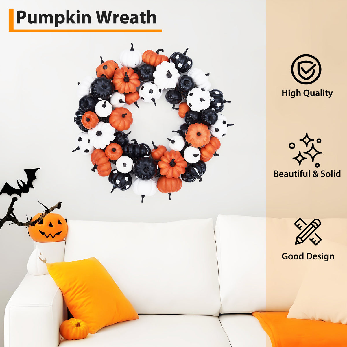 Festisoul Halloween Pumpkin Wreath for Front Door, 18'' Fall Wreath, Rattan Bottom Halloween Indoor Outdoor Decorations for Home, Party, Fireplace