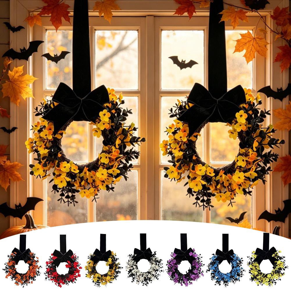 Mini Halloween Wreath, 8.6 Inch Artificial Black Grapevine Wreath with Velvet Bow for Cabinet, Window, Wall and Tabletop Gothic Decor