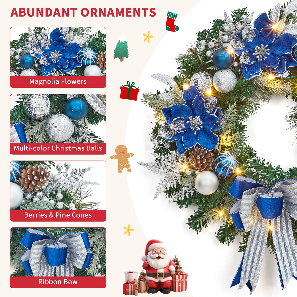 JoanKaren 24 inch Large Christmas Wreath Silver White with 20 LED Lights,Prelit Xmas Wreath w/ Ball Ornaments Pine Cone