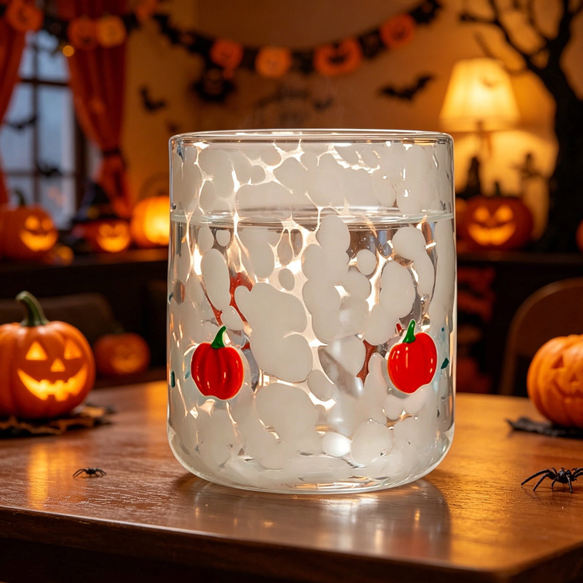 Qocolcyl Halloween Icon Glass Cups - 3.5x4.7in Ghost Bat Snake Pumpkin Icon Juice Stemless Wine Glasses Double Old Fashioned Hand Blown Drinking Cups for Halloween Party Gift
