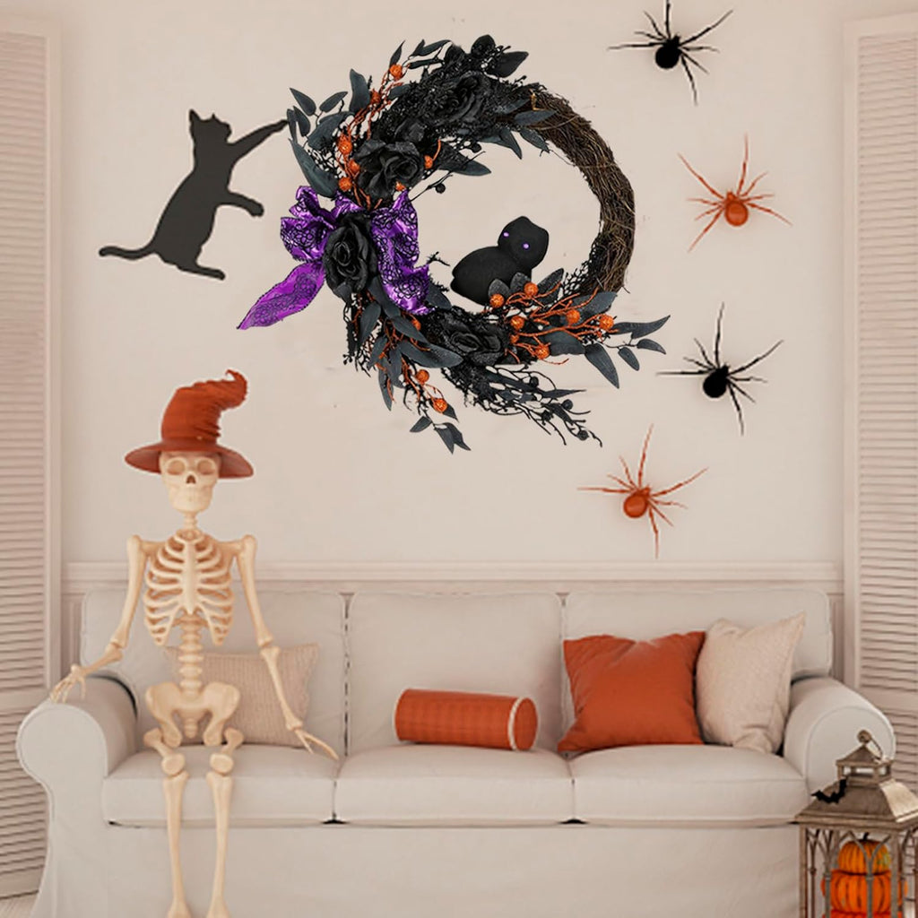 Lumiparty 20" Prelit Halloween Wreath for Front Door, with Purple Lights, Spooky Door Wreath with Ribbon Rose Berries Hanging Decor for Front Door Home Party Outside Decoration, Purple