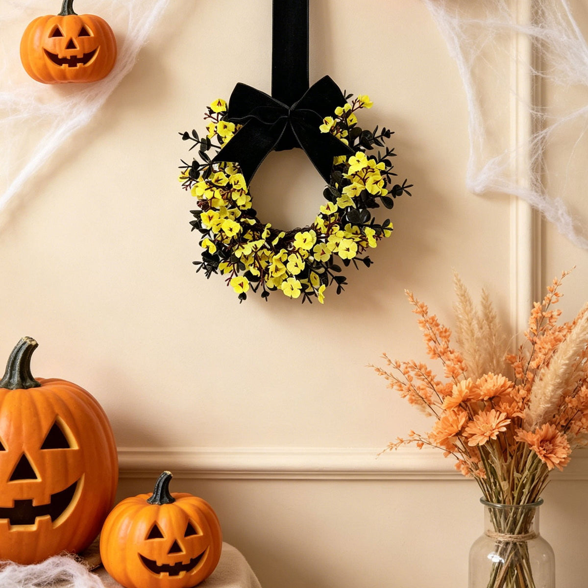 FXMLRLK 1 Pack Halloween Cabinet Wreaths with Ribbon Bows Artificial Flowers Kitchen Wreath for Window Front Door Farmhouse Wall Halloween Decorations, Blue