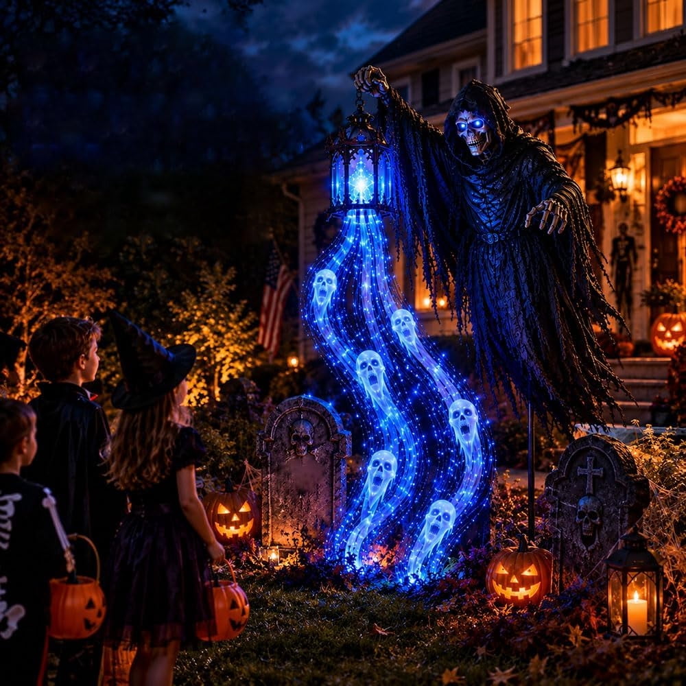 Halloween Grim Reaper Solar Garden Light, Animated Skeleton Yard Stake with Glowing Blue Ghost Streamer & Lantern, Halloween Outdoor Decorations for Front Yard & Walkway