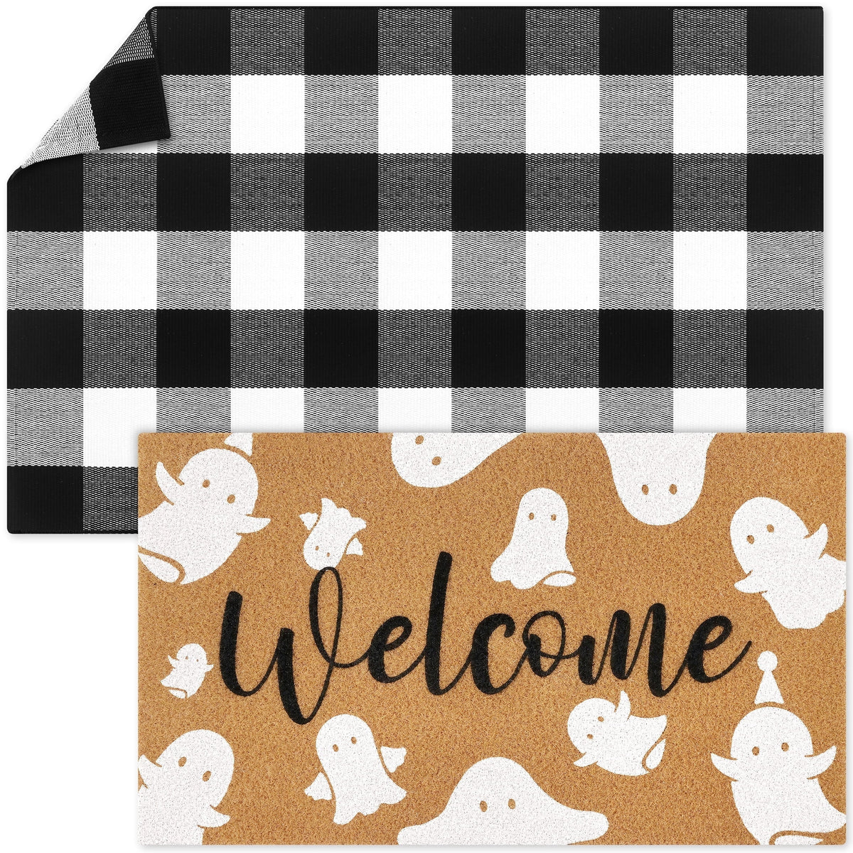 HiberyHom 2 Pcs Halloween Doormat Combo Set, 17" x 30" Ghost Halloween Welcome Doormat and 27" x 43" Black White Plaid Rug