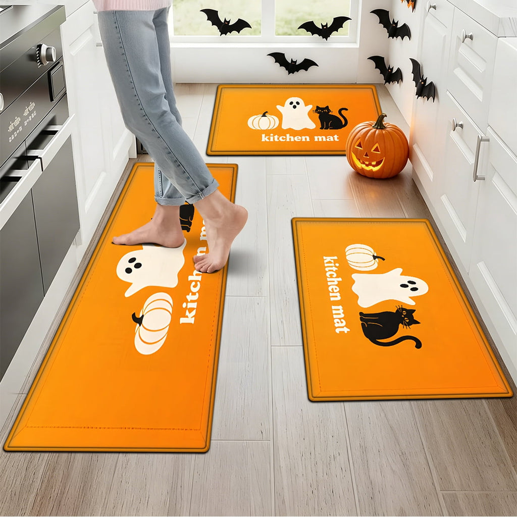 YIMEIS Halloween Orange Ghost Pumpkin Black Cat 1Pc Flannel Mat & Kitchen Rugs,Soft Non-slip,16''×24'' Inches,for Entryway Bathroom