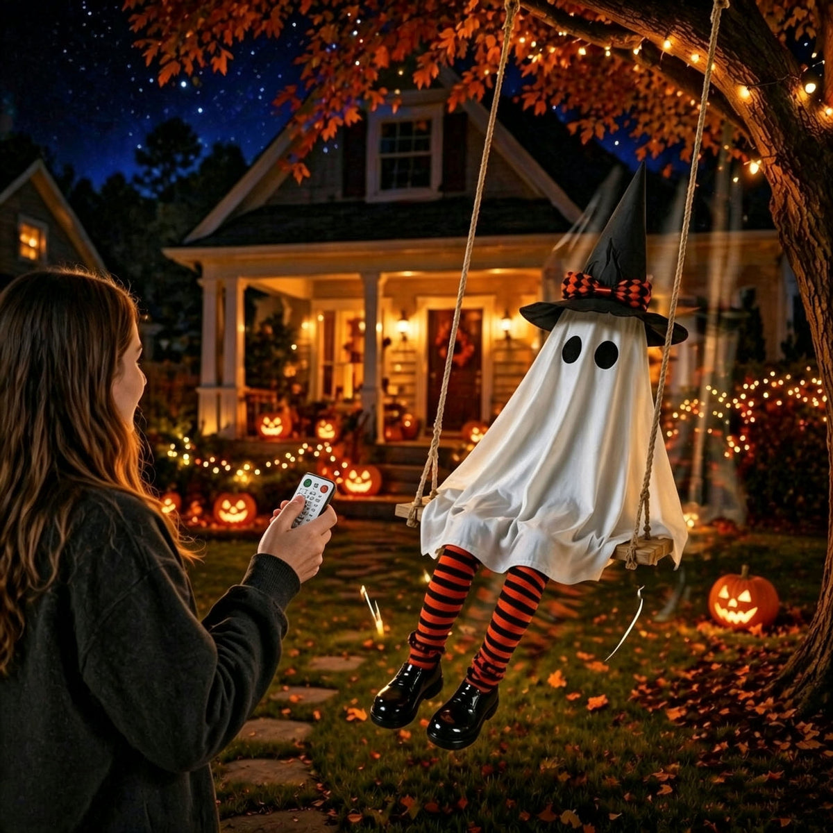Light Up 2.1 Ft Ghost Walking Dog 2 Pcs, Halloween Ghost Decoration, Adjustable Standing Porch Yard Lawn Decor, Modern Farmhouse Halloween Yard Decor (A)