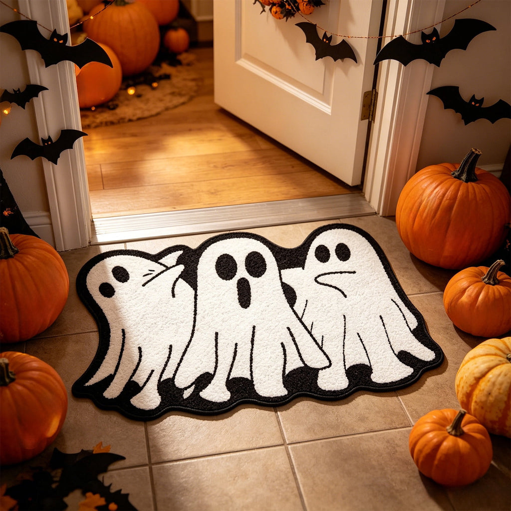BingTong Cartoon Ghost Themed Fall Welcome Mat,Variety Spooky Adorable Ghost Shape Entryway Rug,Weather Resistant Low Profile Door Mat for Home Apartment Cafe Halloween Decoration Ghost F