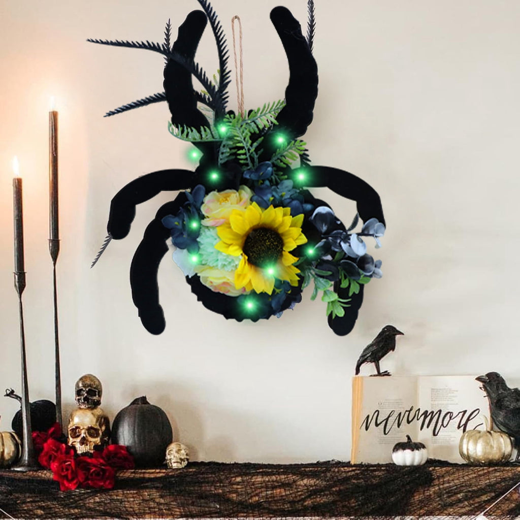 Halloween Door Hanger Wreath Spider Decorations, 30cm Halloween Party Cute Spider Artificial Flower Wreaths Decor with Lights for Front Door Farmhouse Porch Wall Decor Outdoor,Halloween Decorations