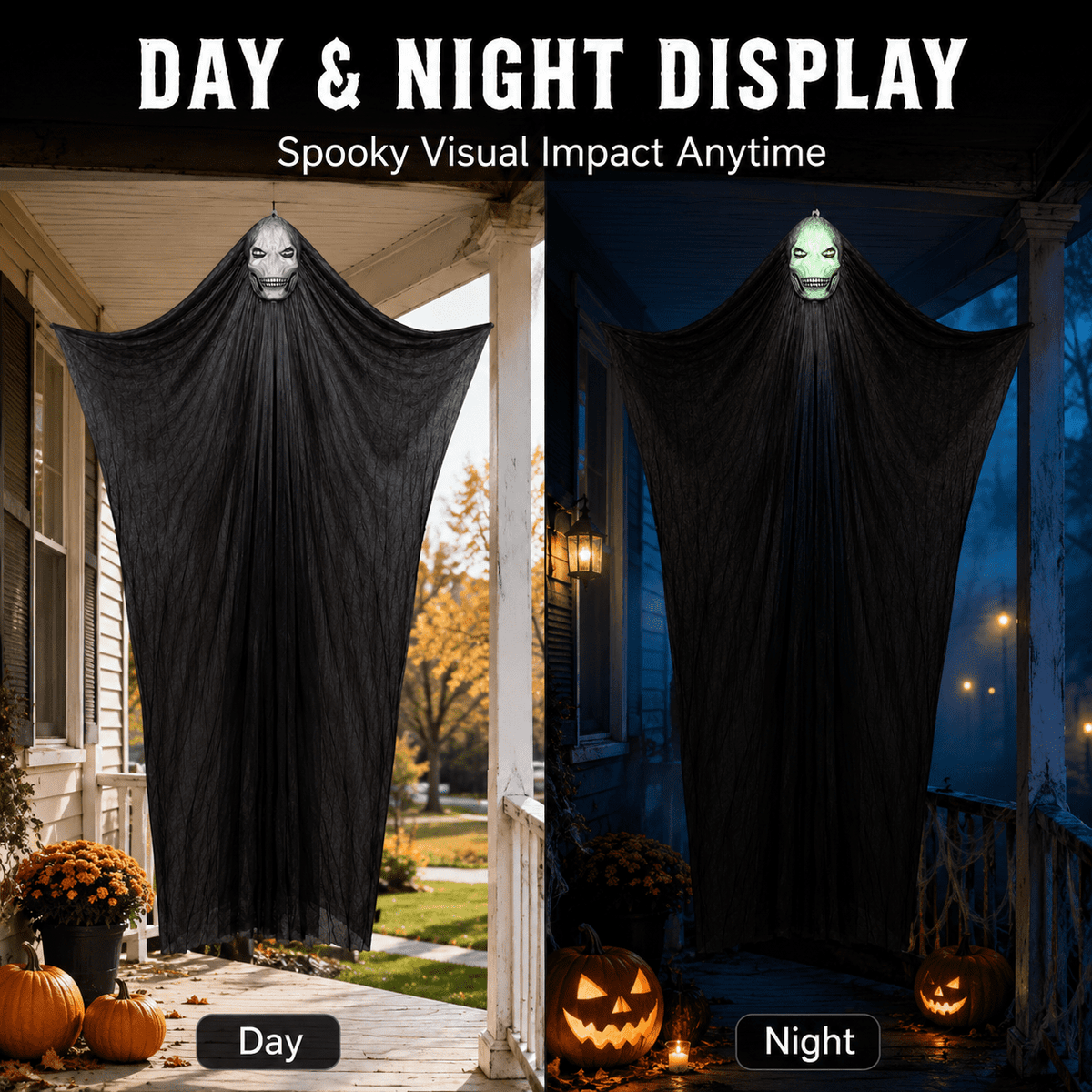 Diceymbol Halloween Decorations Outdoor, 10.83 ft Large Sound Activated Light up Skull Ghost Prop with Extra Long Black Gauze for Porch Entryway Tree Yard Party Decor