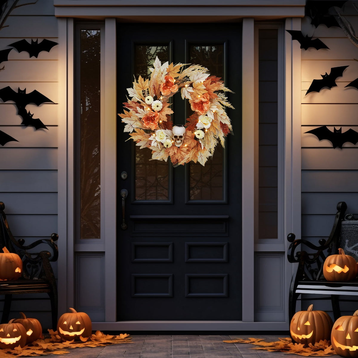 Prelit Halloween Wreath 22 Inch with Bone and Pumpkin Decor Maple Leaves Roses Spooky Fall Indoor Outdoor Wall Porch Window Front Door Decoration