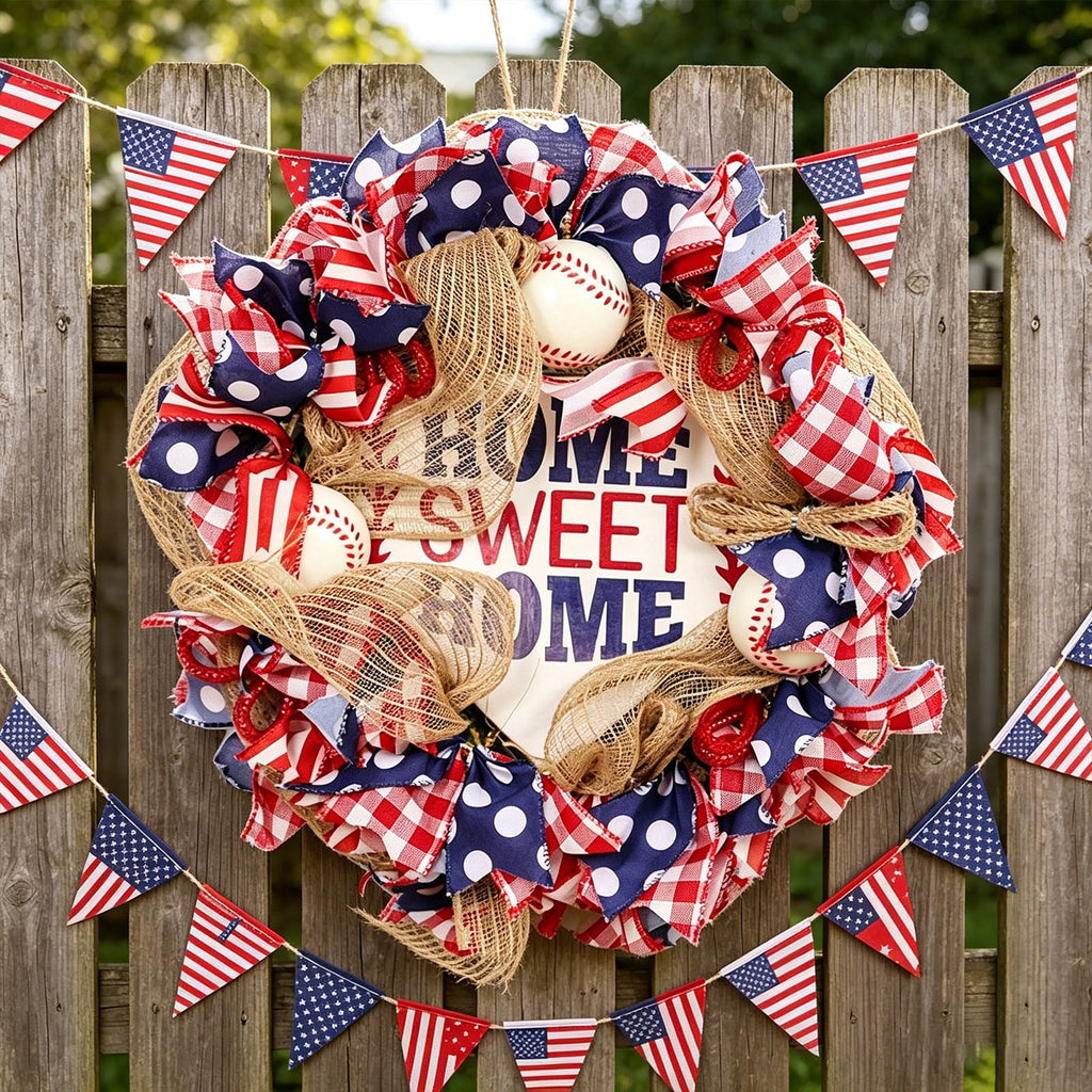AZXY 20 Inch 4th of July Patriotic Wreath, Red White Blue Mesh Wreath with American Flag Star & Stripe Ribbons, Patriotic Americana Decor for Independence Day Memorial Day Front Door Indoor Outdoor
