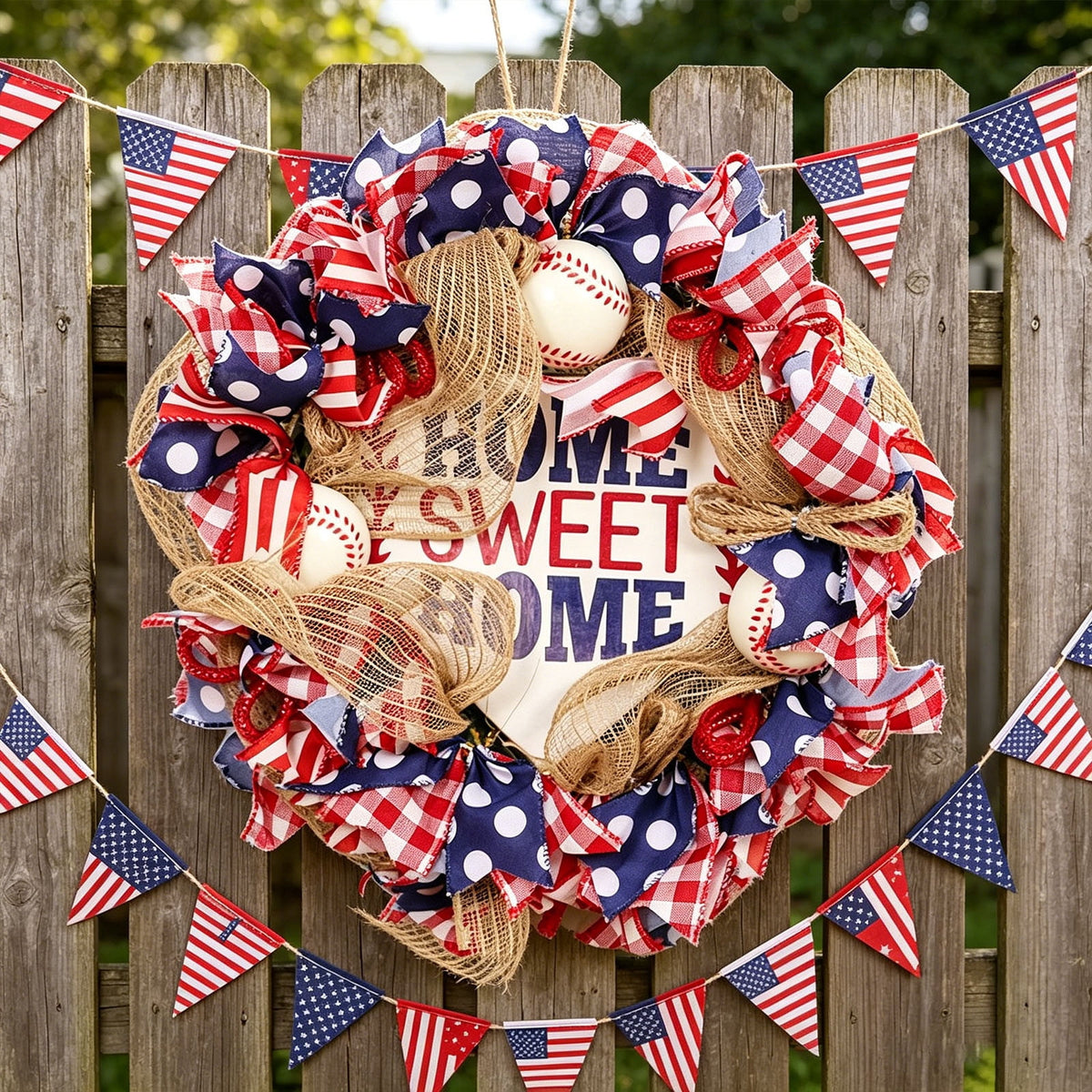 AZXY 20 Inch 4th of July Patriotic Wreath, Red White Blue Mesh Wreath with American Flag Star & Stripe Ribbons, Patriotic Americana Decor for Independence Day Memorial Day Front Door Indoor Outdoor