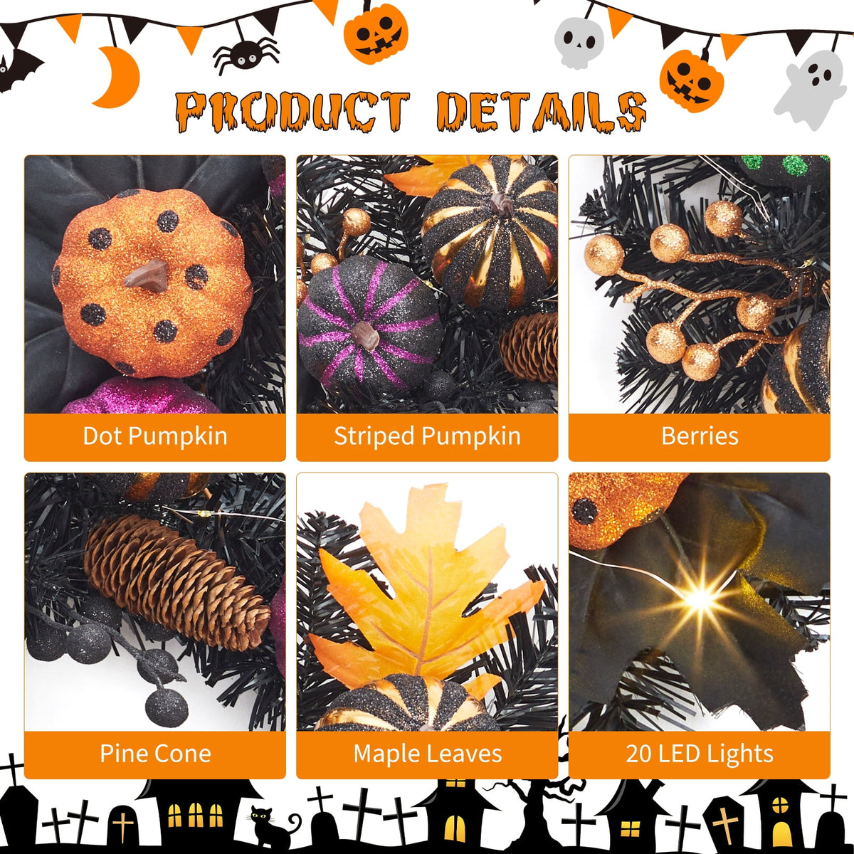 Halloween Wreath, Halloween Decorations Prelit Front Door Wreath for Indoor Wall Window Decor（18/20/22 Inch）