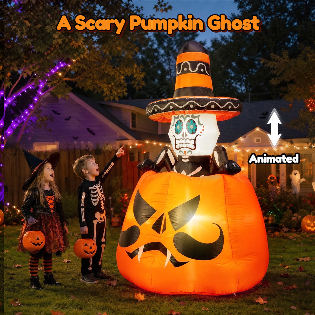 GVDV 6 FT Halloween Inflatables Animated Pumpkin Skull Outdoor Decorations Blow Up Yard with Built-in LEDs for Indoor Party Garden Lawn Decor